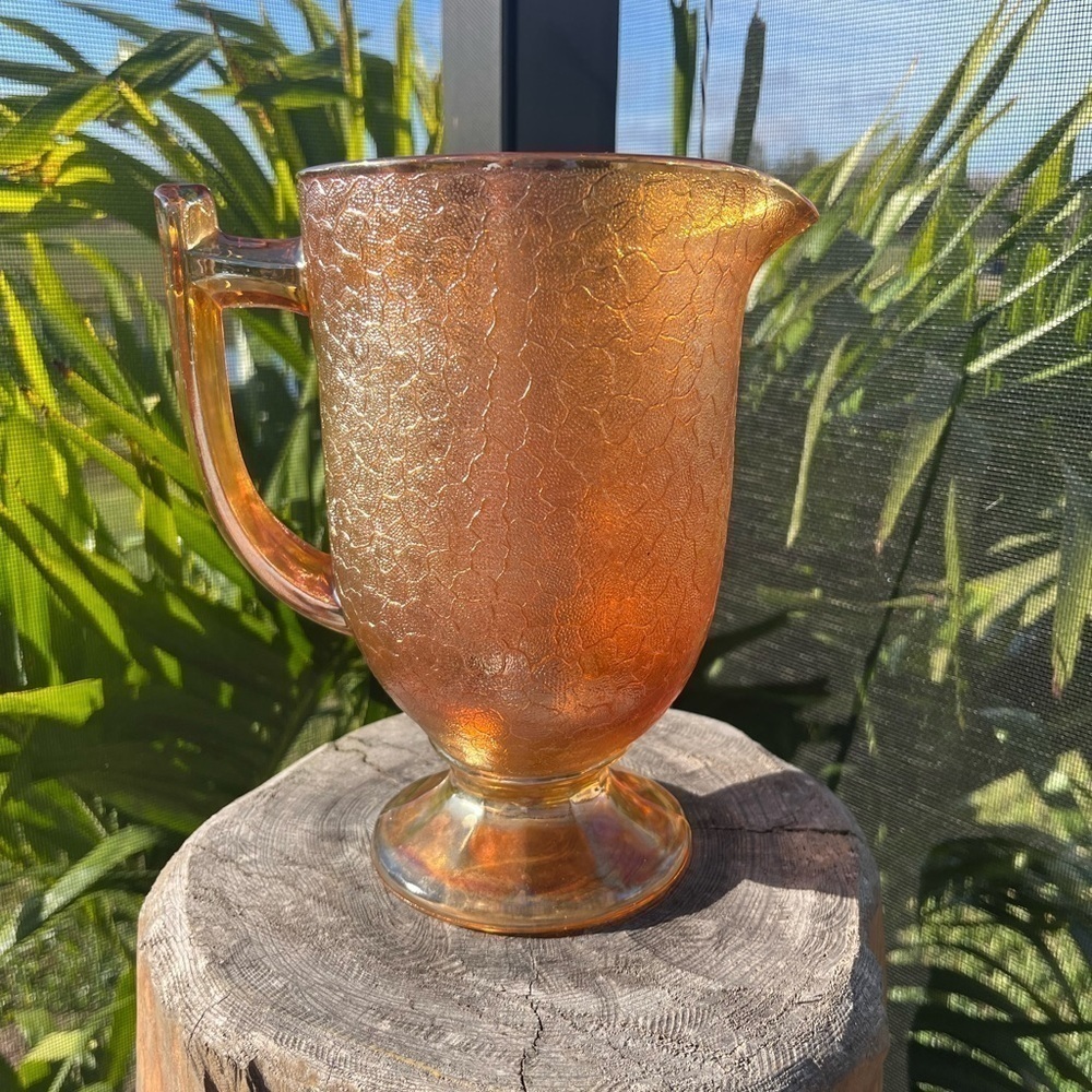 Vintage Jeannette Iridescent Crackle Marigold Carnival Glass Pitcher 8"